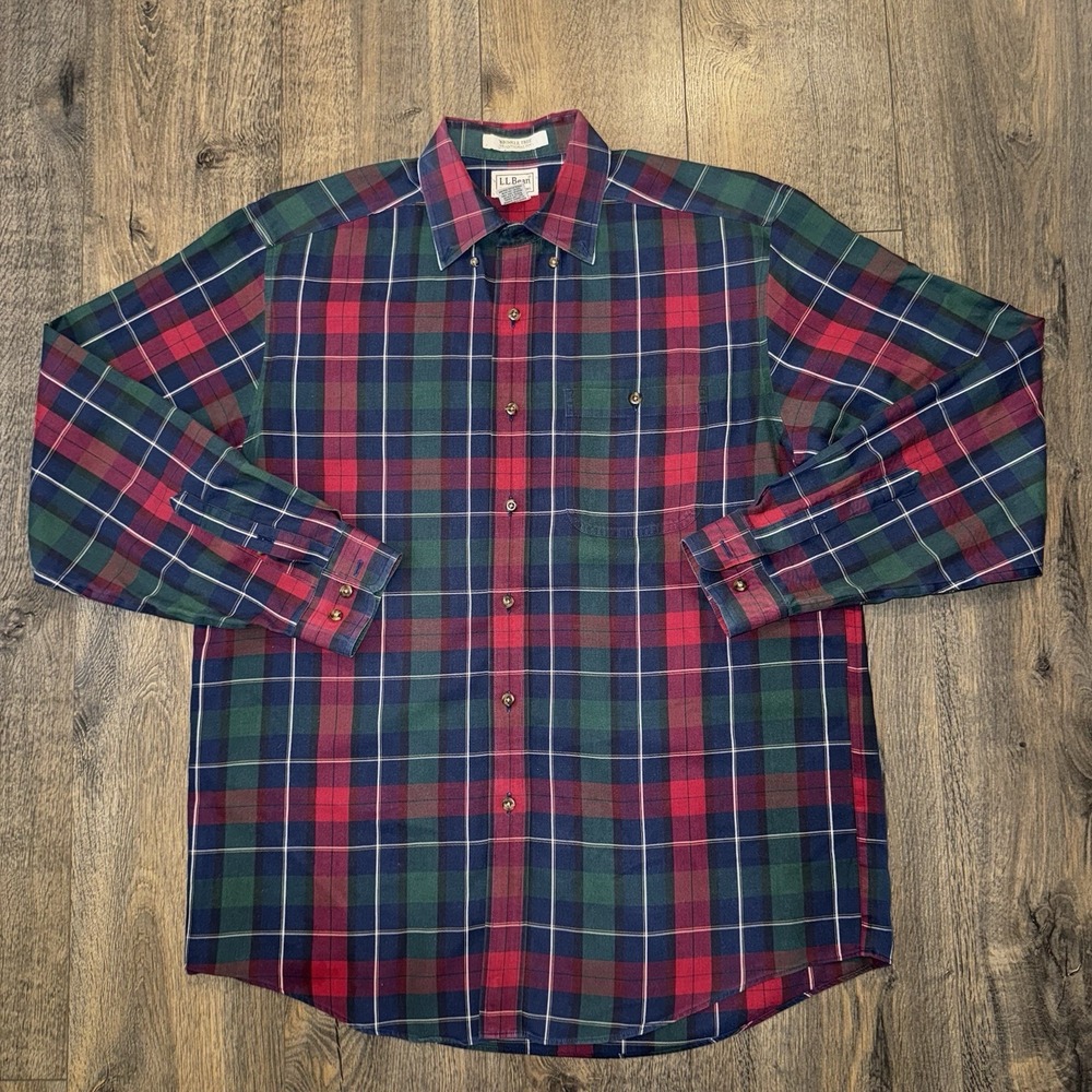 LL bean Mens Sz M Oxford Button Up Shirt Stripped Plaid Merino Wool Blend Preppy